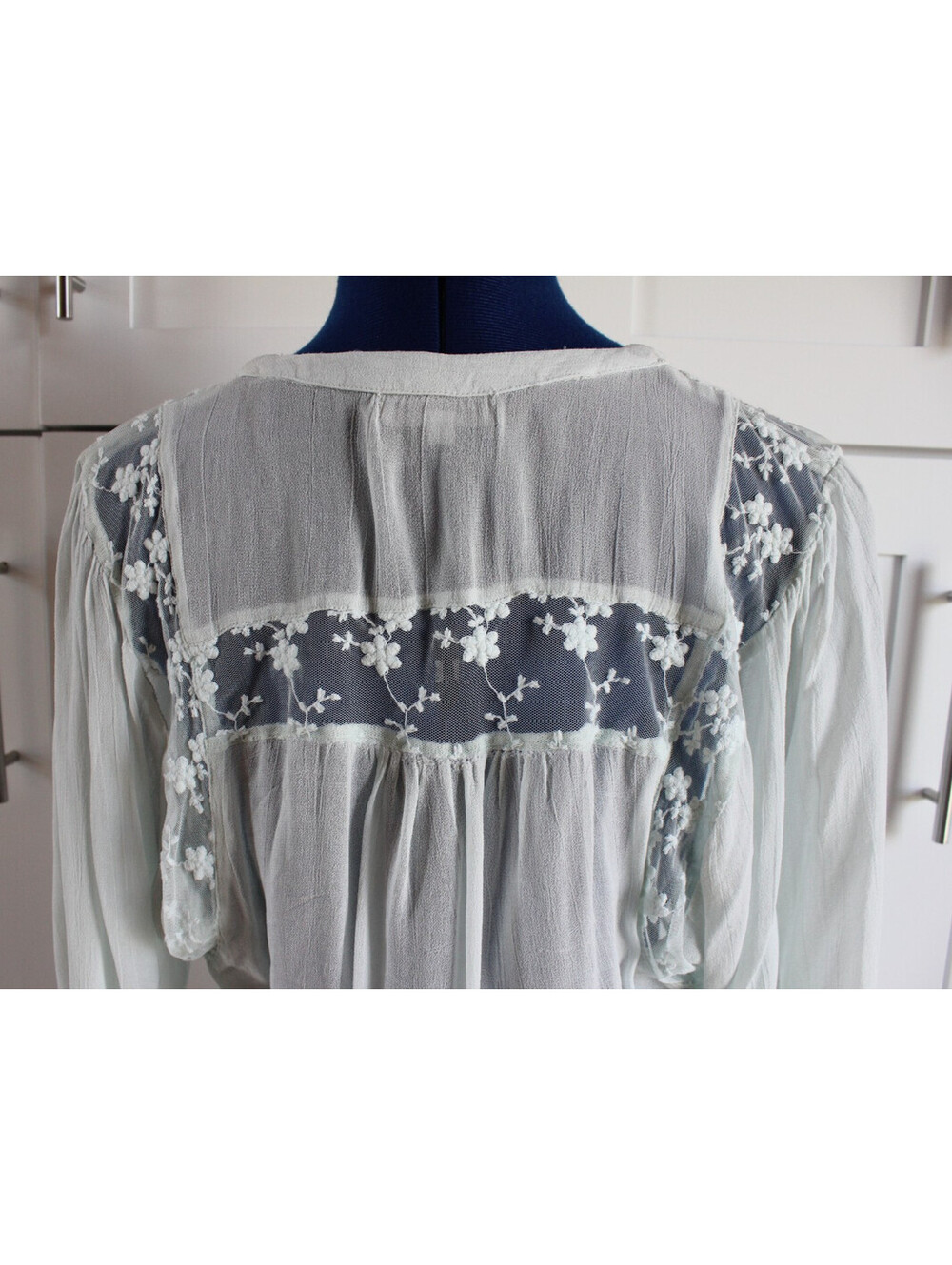 Vintage World Market Size S/M Mint Floral Lace Long Sleeve Button Up Blouse - Picture 9 of 14
